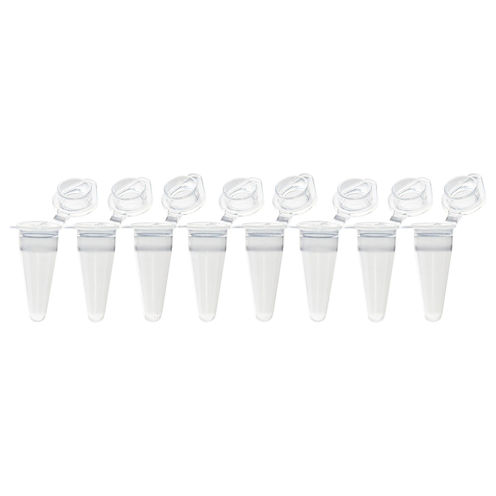Globe Scientific QuickSnap 0.1mL 8-Strip Tubes, with Individually-Attached Flat Caps, Clear Image